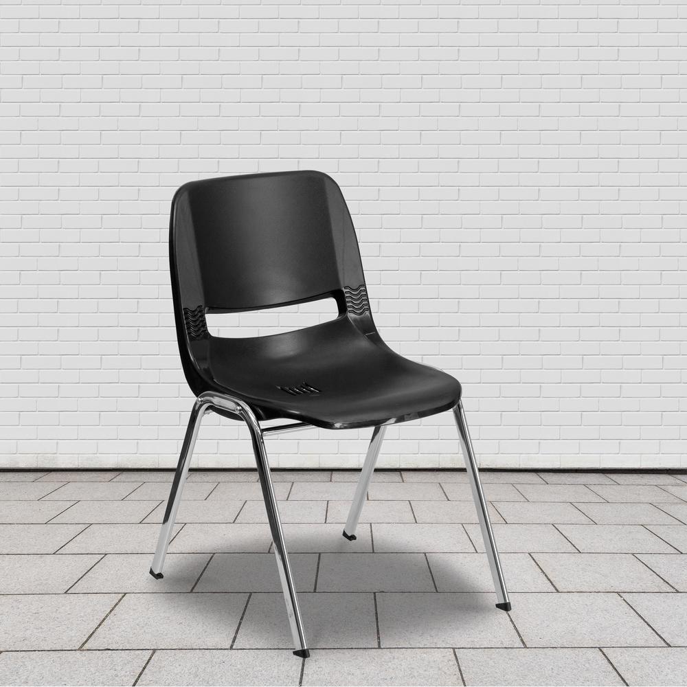 880 lb. Capacity Black Ergonomic Shell Stack Chair with Chrome Frame and 18'' Seat Height. Picture 8