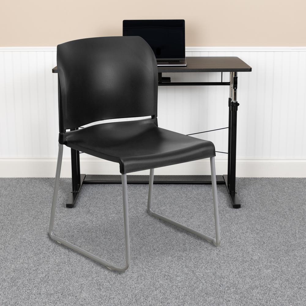 880 lb. Capacity Black Full Back Contoured Stack Chair with Gray Powder Coated Sled Base. Picture 9