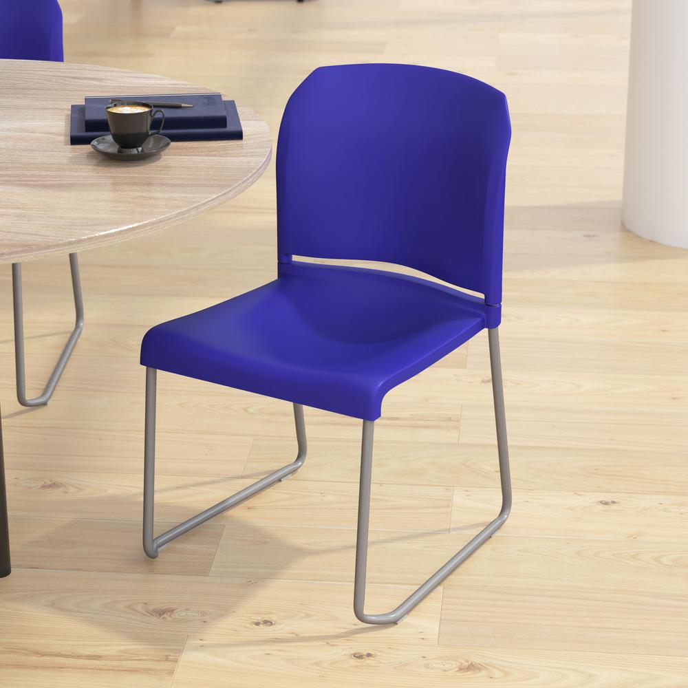 Blue Full Back Contoured Stack Chair with Gray Powder Coated Sled Base. Picture 1