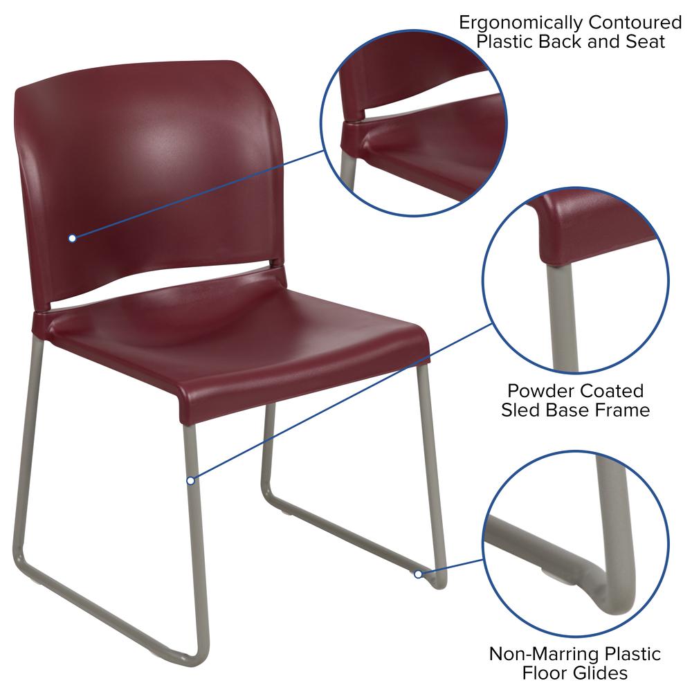 HERCULES Series 880 lb. Capacity Burgundy Full Back Contoured Stack Chair with Gray Powder Coated Sled Base. Picture 2