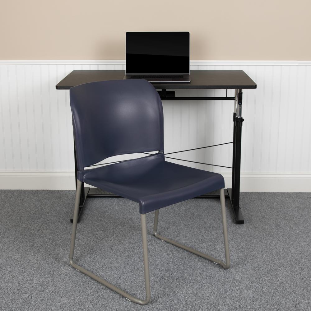 HERCULES Series 880 lb. Capacity Navy Full Back Contoured Stack Chair with Gray Powder Coated Sled Base. Picture 11