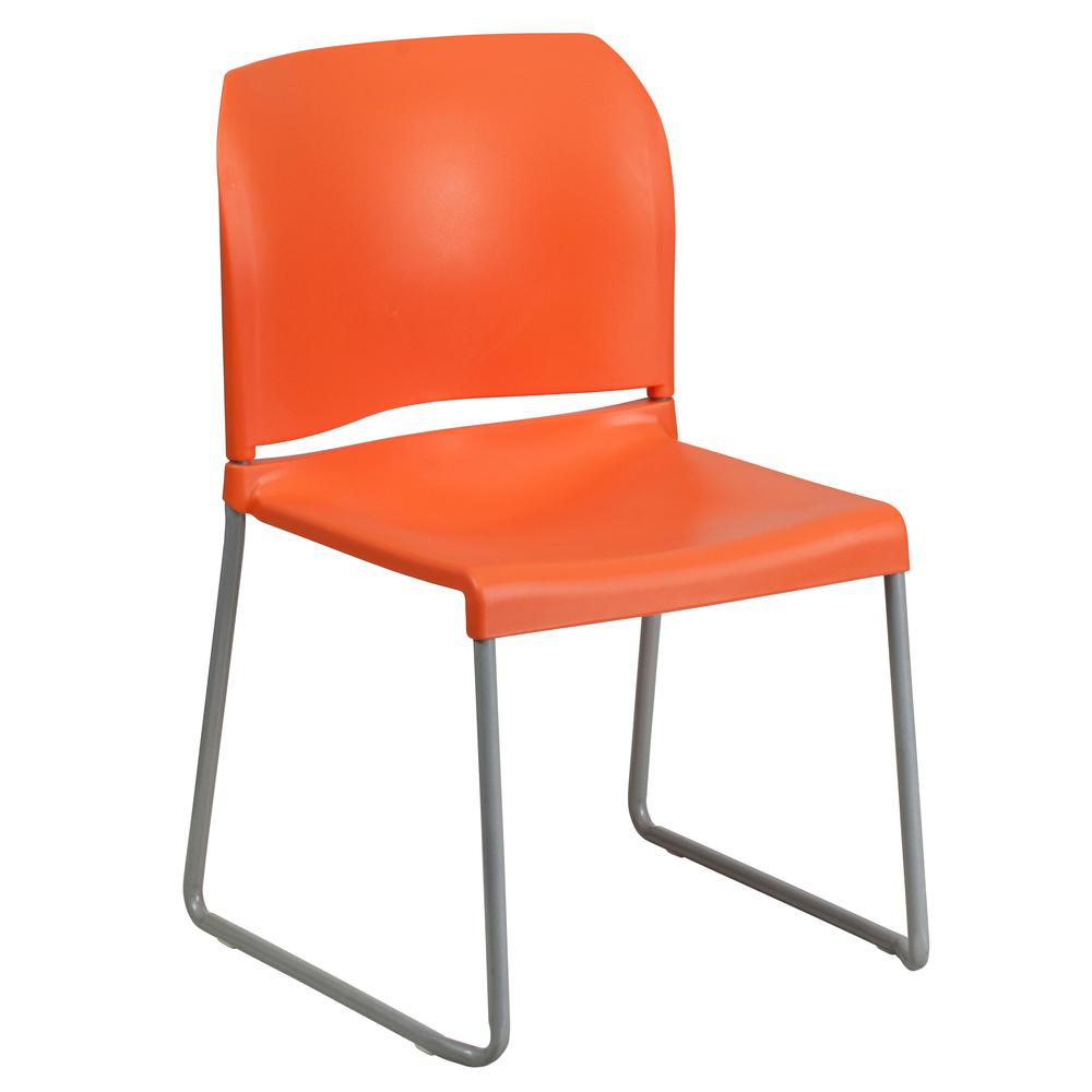 880 lb. Capacity Orange Full Back Contoured Stack Chair with Gray Powder Coated Sled Base. Picture 1