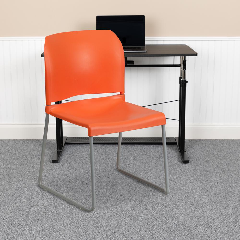 880 lb. Capacity Orange Full Back Contoured Stack Chair with Gray Powder Coated Sled Base. Picture 5