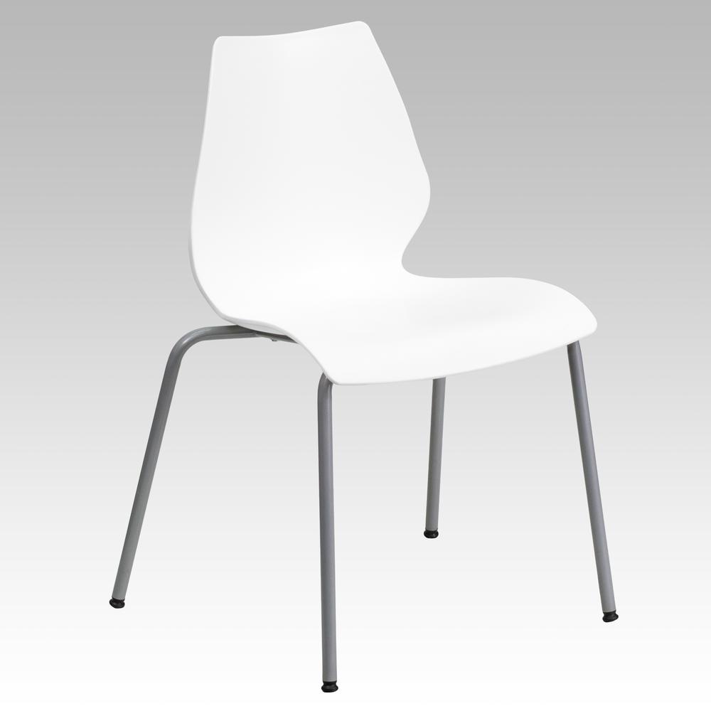 770 lb. Capacity White Stack Chair with Lumbar Support and Silver Frame. Picture 1