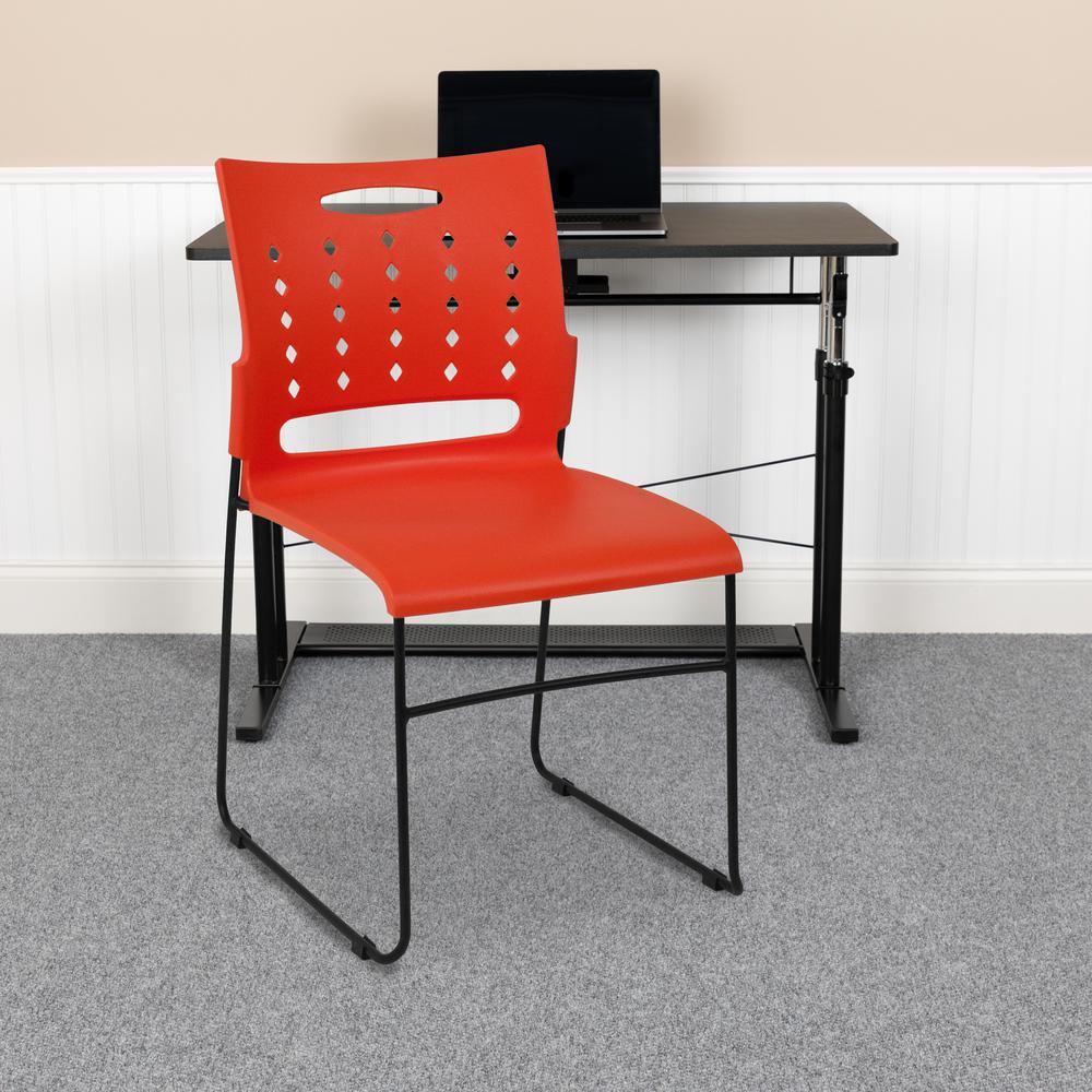 881 lb. Capacity Orange Sled Base Stack Chair with Carry Handle and Air-Vent Back. Picture 5