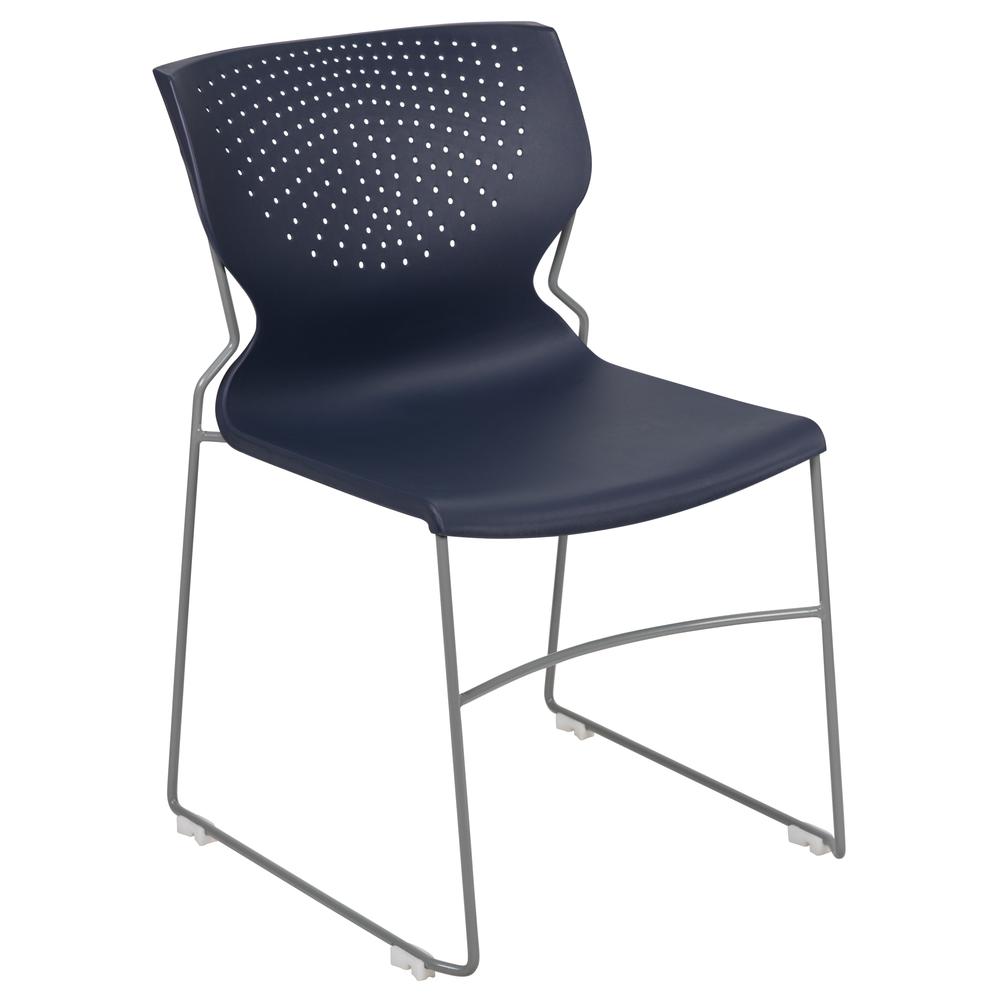 661 lb. Capacity Navy Full Back Stack Chair with Gray Powder Coated Frame. Picture 1
