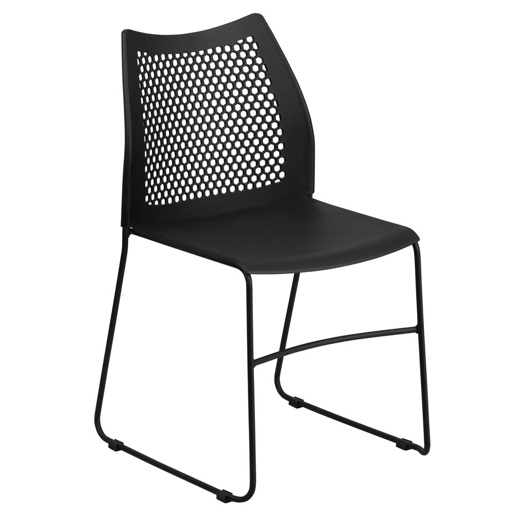 HERCULES Series 661 lb. Capacity Black Stack Chair with Air-Vent Back and Black Powder Coated Sled Base. The main picture.
