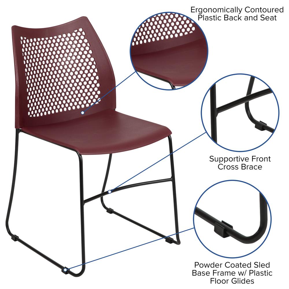 HERCULES Series 661 lb. Capacity Burgundy Stack Chair with Air-Vent Back and Black Powder Coated Sled Base. Picture 6