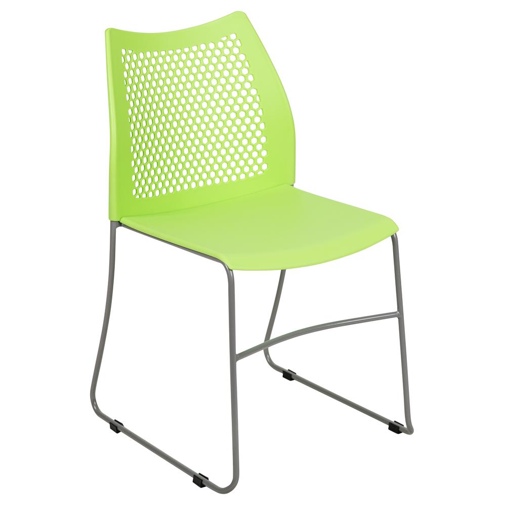 Green Stack Chair with Air-Vent Back and Gray Powder Coated Sled Base. Picture 1