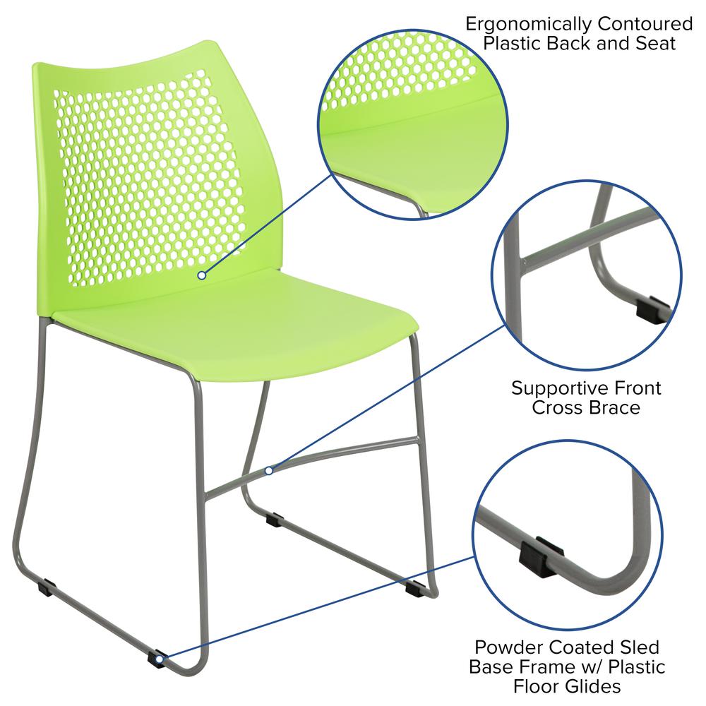 Green Stack Chair with Air-Vent Back and Gray Powder Coated Sled Base. Picture 2