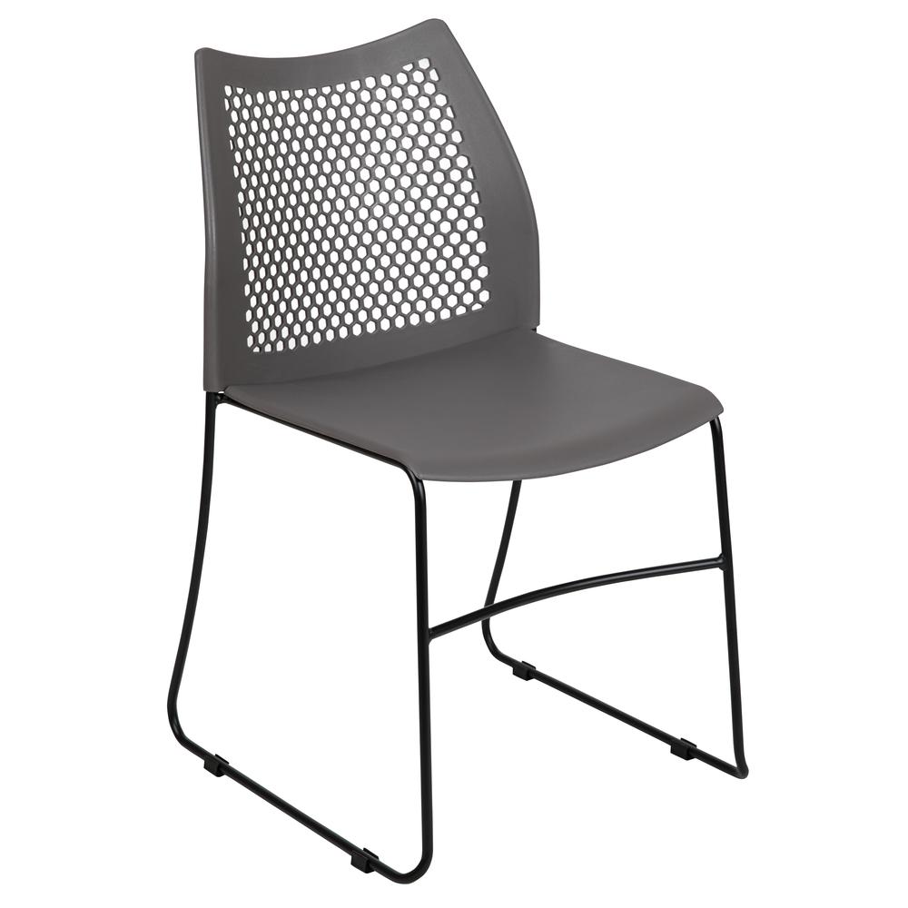 Gray Stack Chair with Air-Vent Back and Black Powder Coated Sled Base. Picture 1