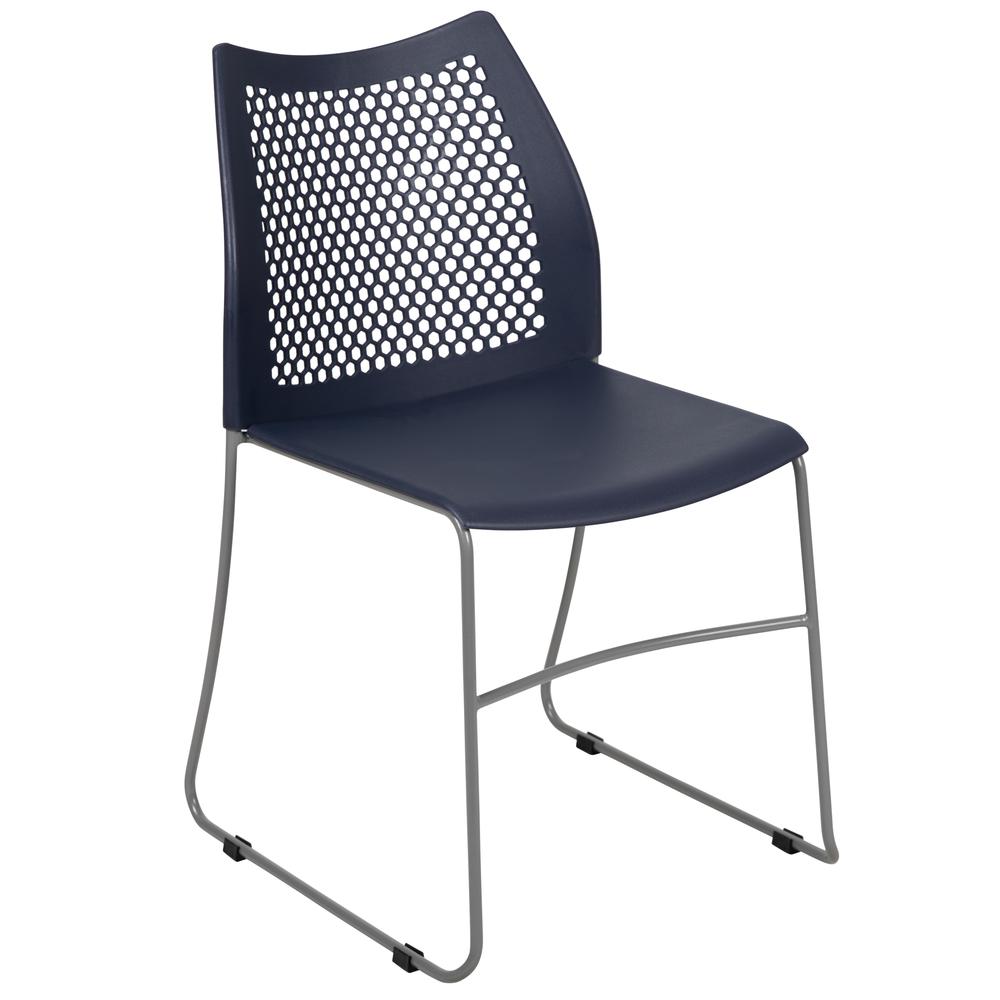 HERCULES Series 661 lb. Capacity Navy Stack Chair with Air-Vent Back and Gray Powder Coated Sled Base. The main picture.