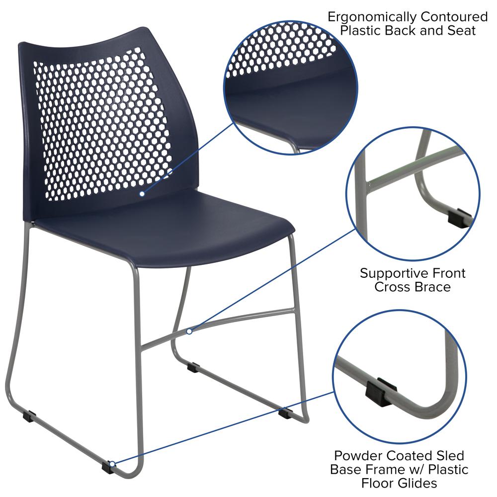 HERCULES Series 661 lb. Capacity Navy Stack Chair with Air-Vent Back and Gray Powder Coated Sled Base. Picture 2