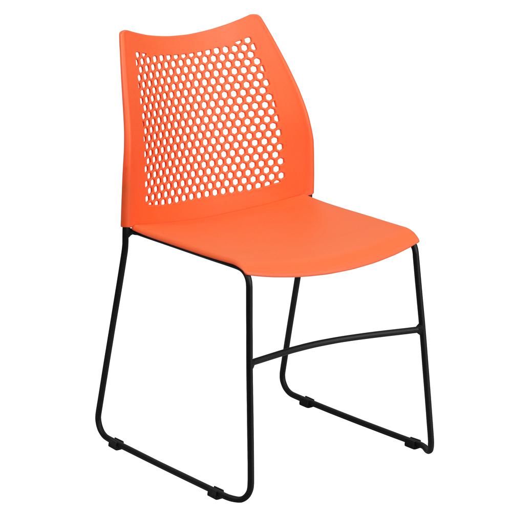 Orange Stack Chair with Air-Vent Back and Black Powder Coated Sled Base. Picture 1