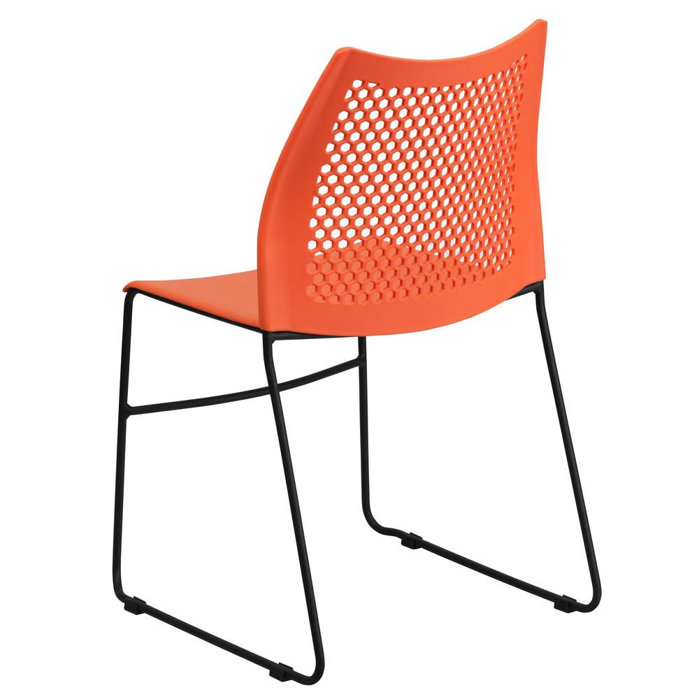 Orange Stack Chair with Air-Vent Back and Black Powder Coated Sled Base. Picture 2