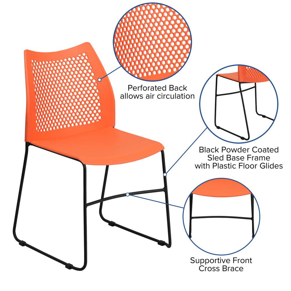 661 lb. Capacity Orange Stack Chair with Air-Vent Back and Black Powder Coated Sled Base. Picture 5