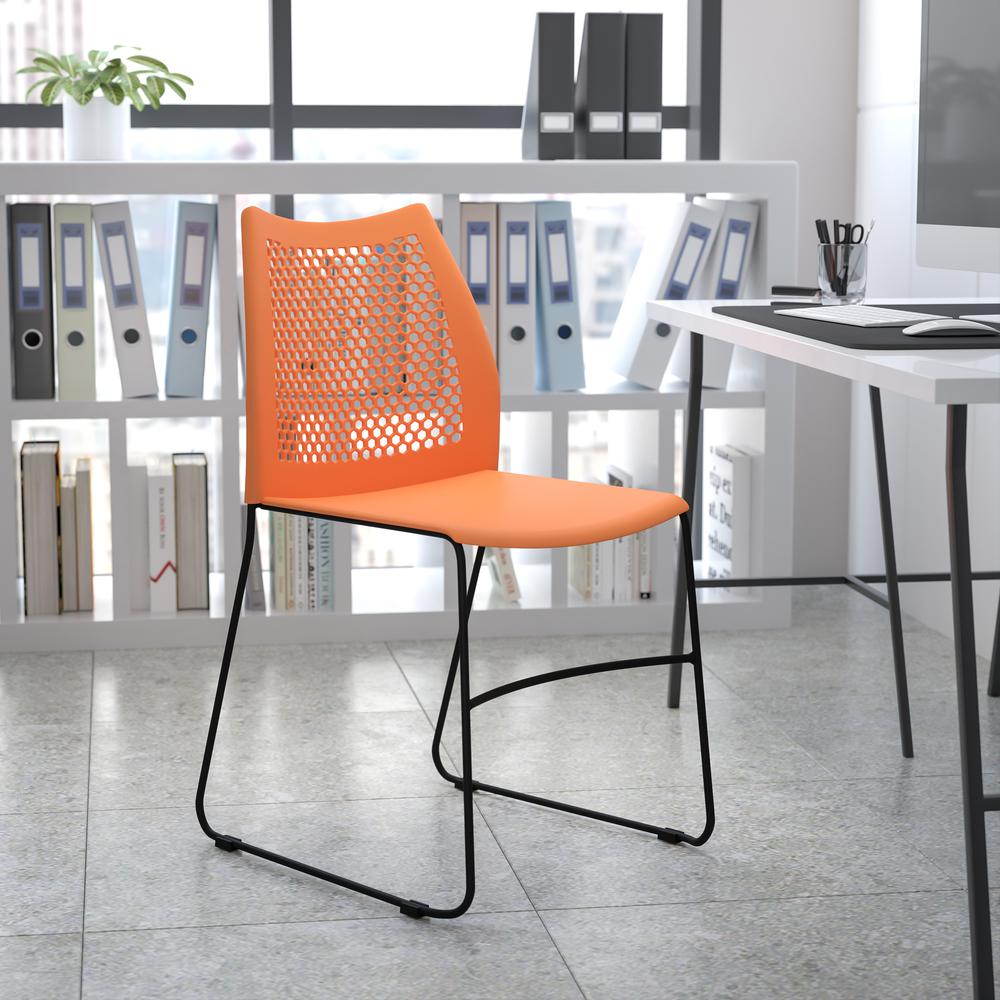 661 lb. Capacity Orange Stack Chair with Air-Vent Back and Black Powder Coated Sled Base. Picture 8