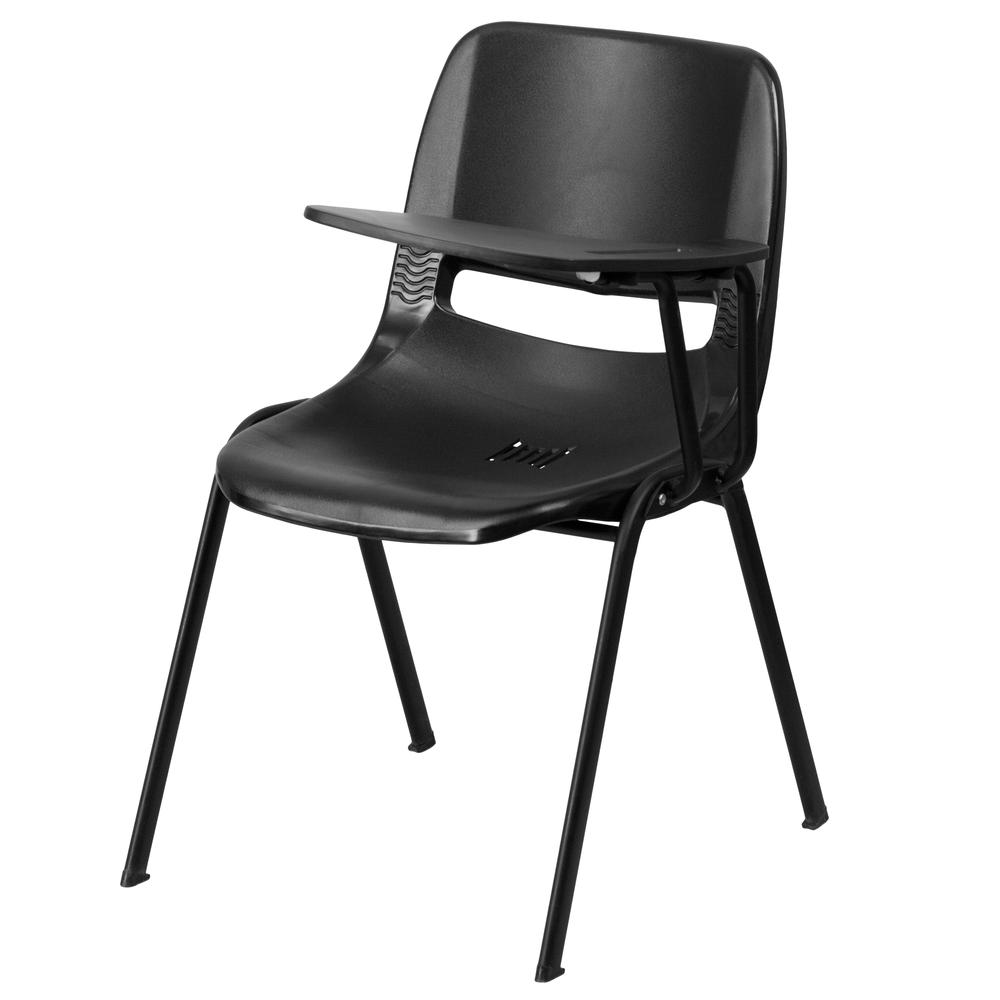 Black Ergonomic Shell Chair with Left Handed Flip-Up Tablet Arm. Picture 1