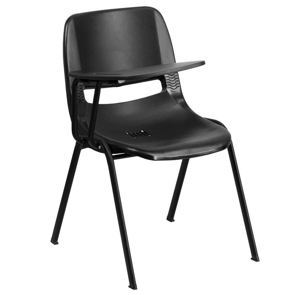 Black Ergonomic Shell Chair with Right Handed Flip-Up Tablet Arm. Picture 1