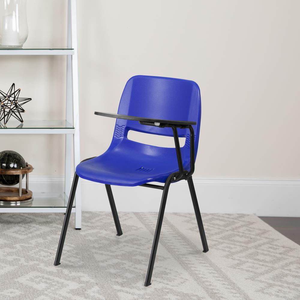 Blue Ergonomic Shell Chair with Left Handed Flip-Up Tablet Arm. Picture 5