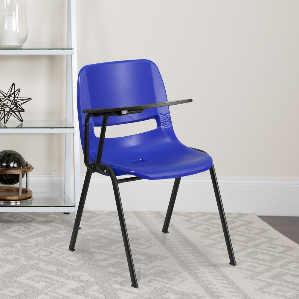 Blue Ergonomic Shell Chair with Right Handed Flip-Up Tablet Arm. Picture 5