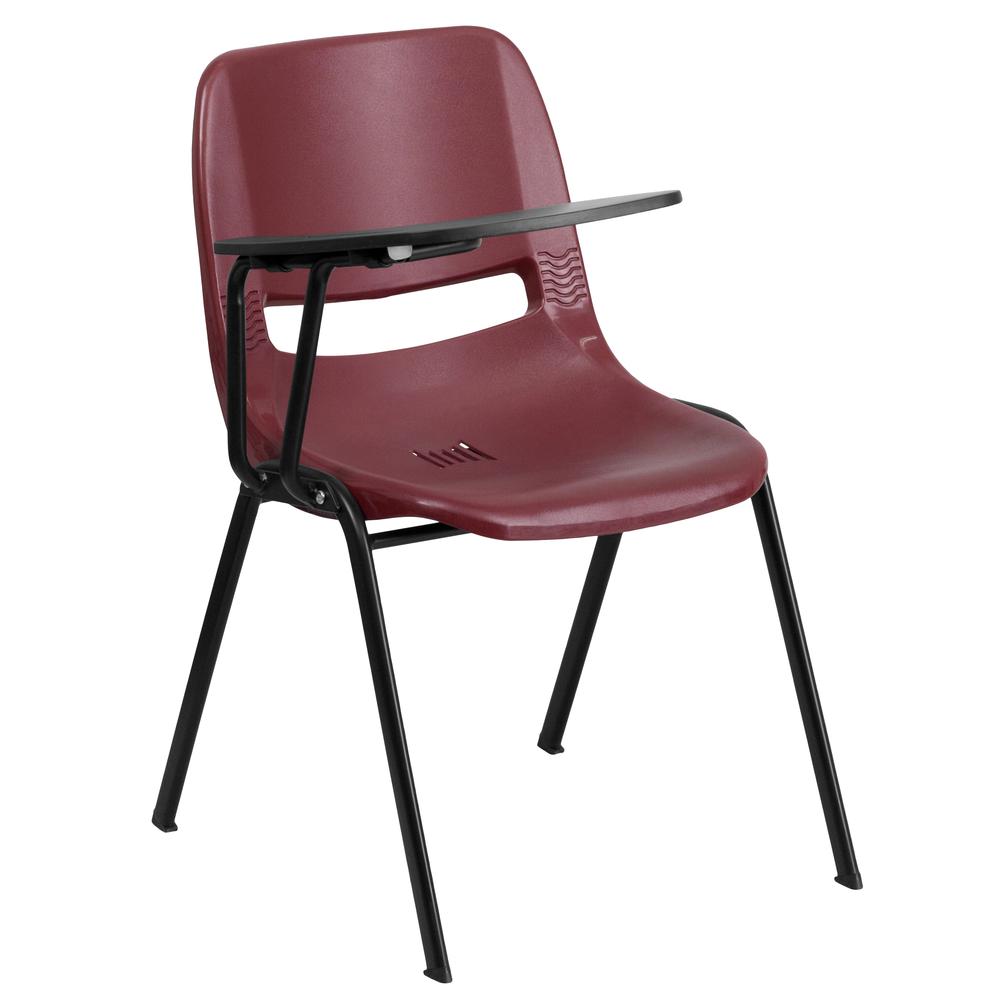 Burgundy Ergonomic Shell Chair with Right Handed Flip-Up Tablet Arm. Picture 1