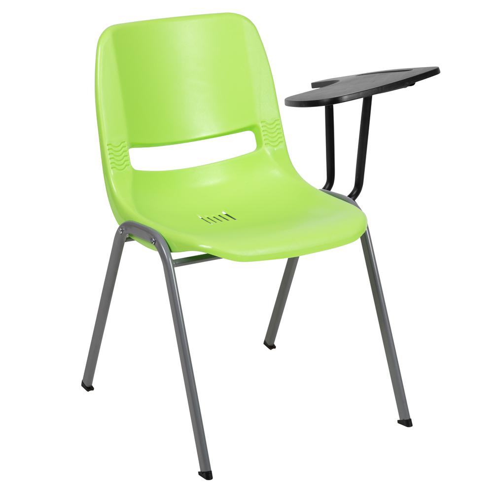 Green Ergonomic Shell Chair with Left Handed Flip-Up Tablet Arm. Picture 1