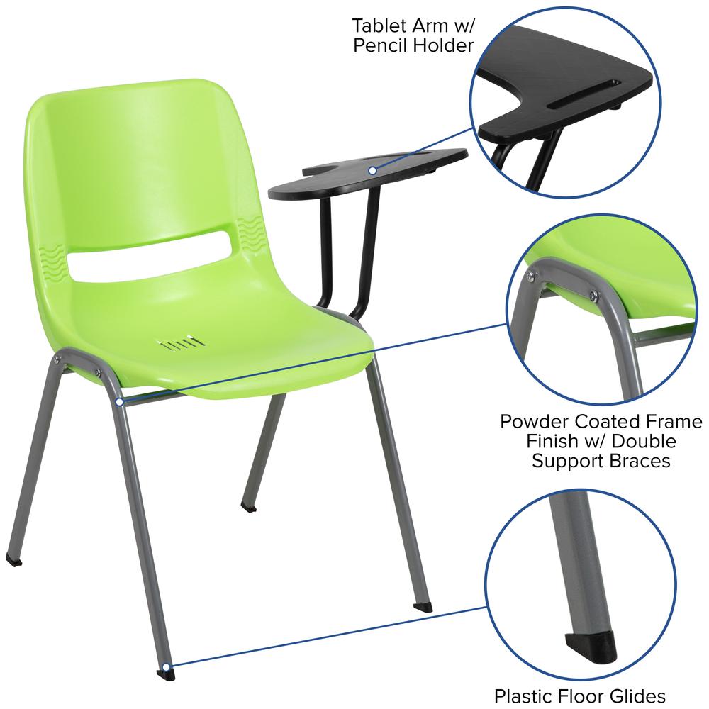 Green Ergonomic Shell Chair with Left Handed Flip-Up Tablet Arm. Picture 6