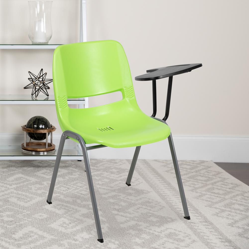 Green Ergonomic Shell Chair with Left Handed Flip-Up Tablet Arm. Picture 11