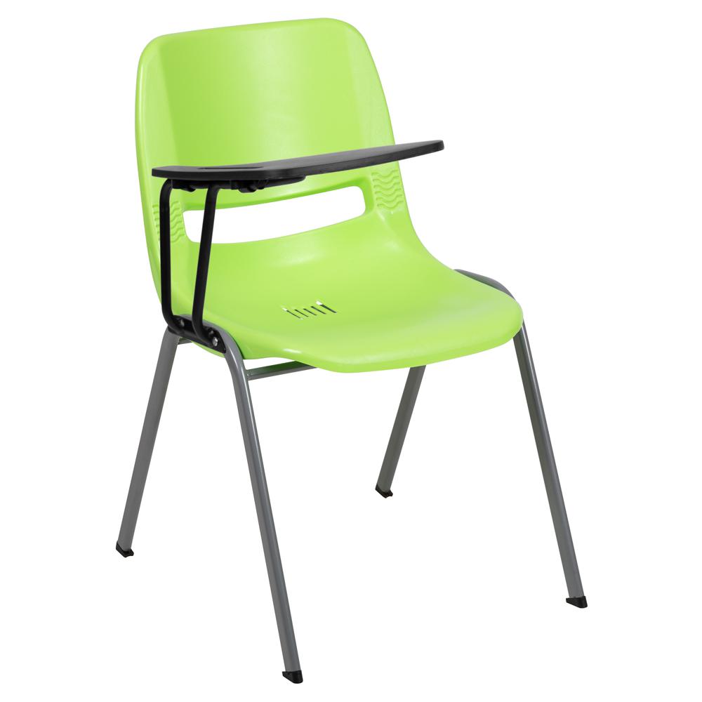Green Ergonomic Shell Chair with Right Handed Flip-Up Tablet Arm. Picture 1