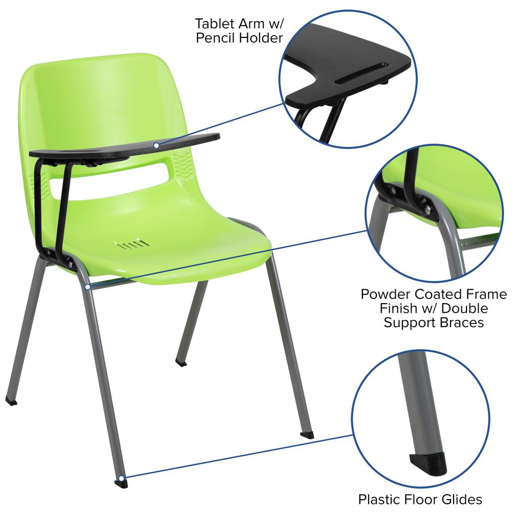 Green Ergonomic Shell Chair with Right Handed Flip-Up Tablet Arm. Picture 6