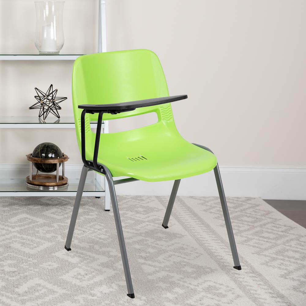 Green Ergonomic Shell Chair with Right Handed Flip-Up Tablet Arm. Picture 3