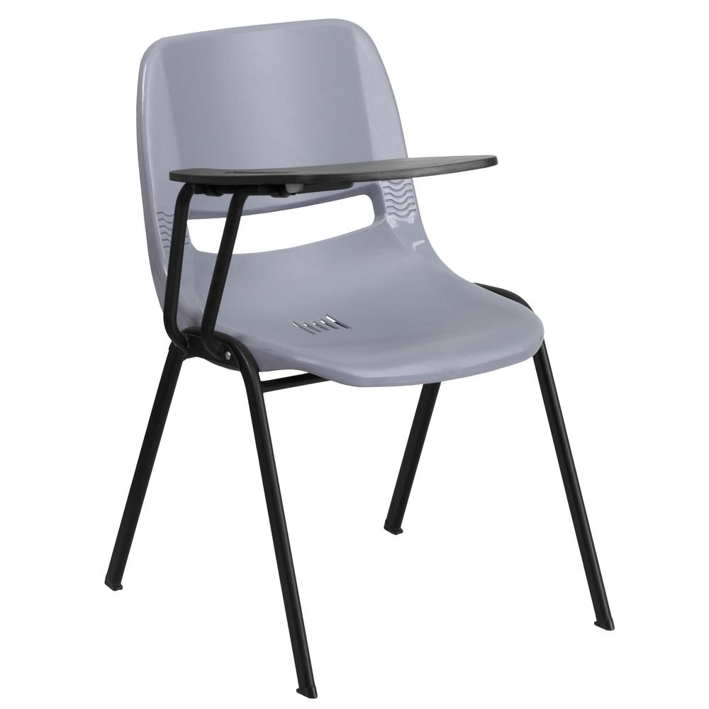 Gray Ergonomic Shell Chair with Right Handed Flip-Up Tablet Arm. Picture 1