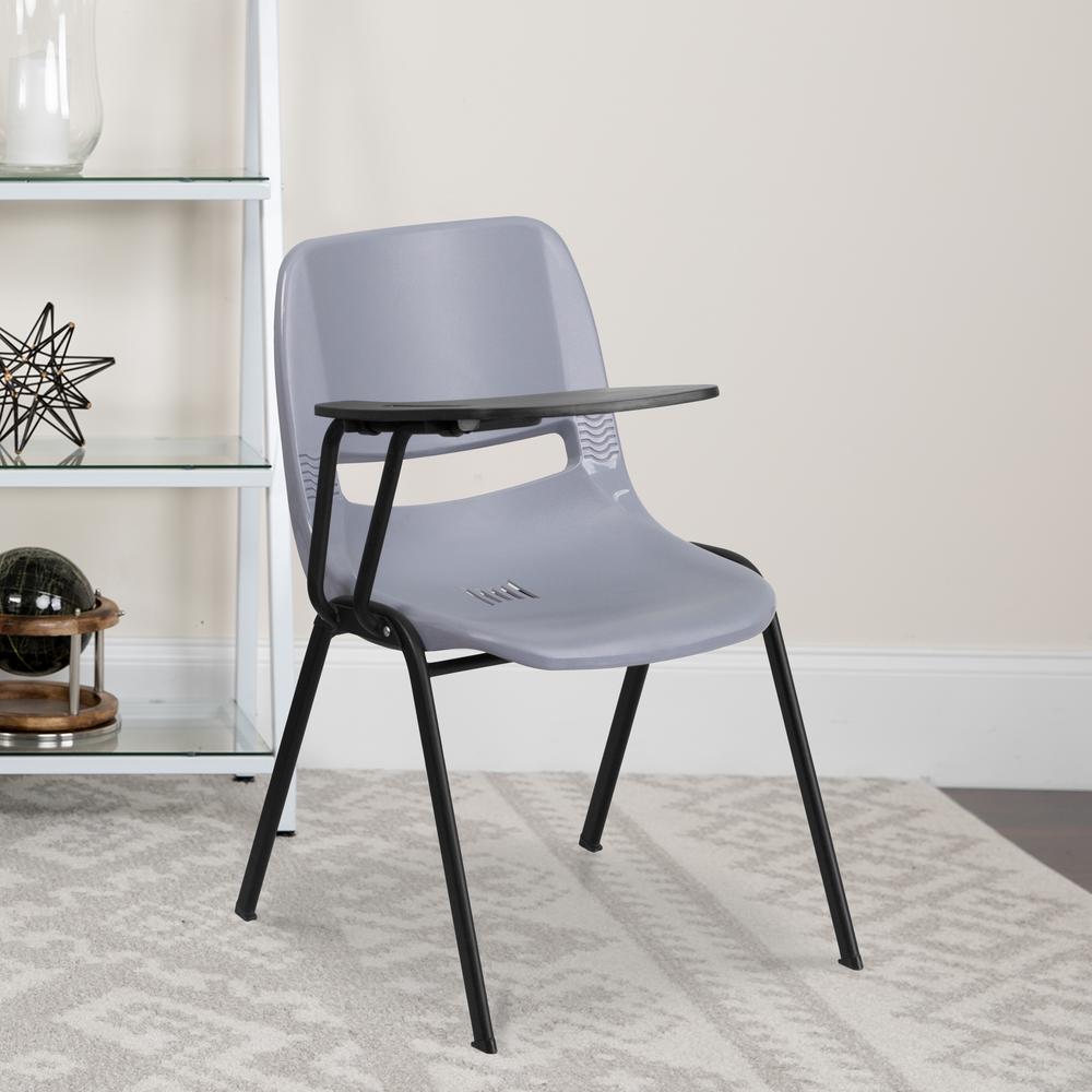 Gray Ergonomic Shell Chair with Right Handed Flip-Up Tablet Arm. Picture 5