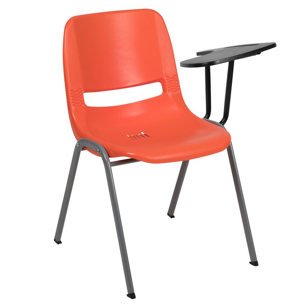 Orange Ergonomic Shell Chair with Left Handed Flip-Up Tablet Arm. Picture 1
