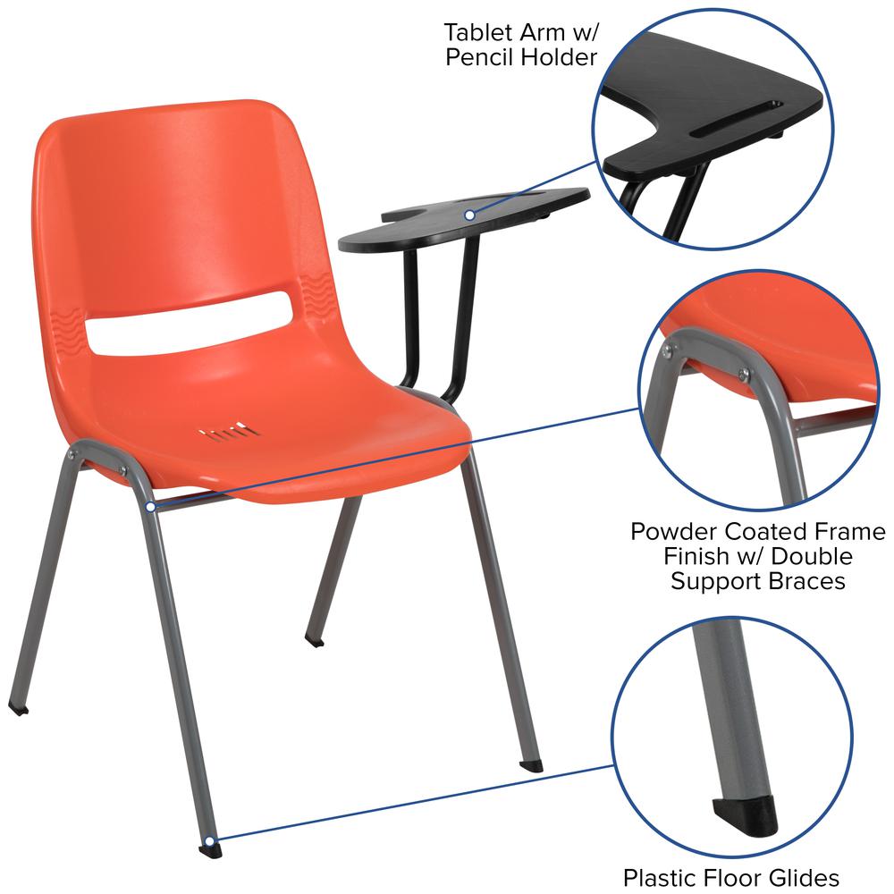 Orange Ergonomic Shell Chair with Left Handed Flip-Up Tablet Arm. Picture 6