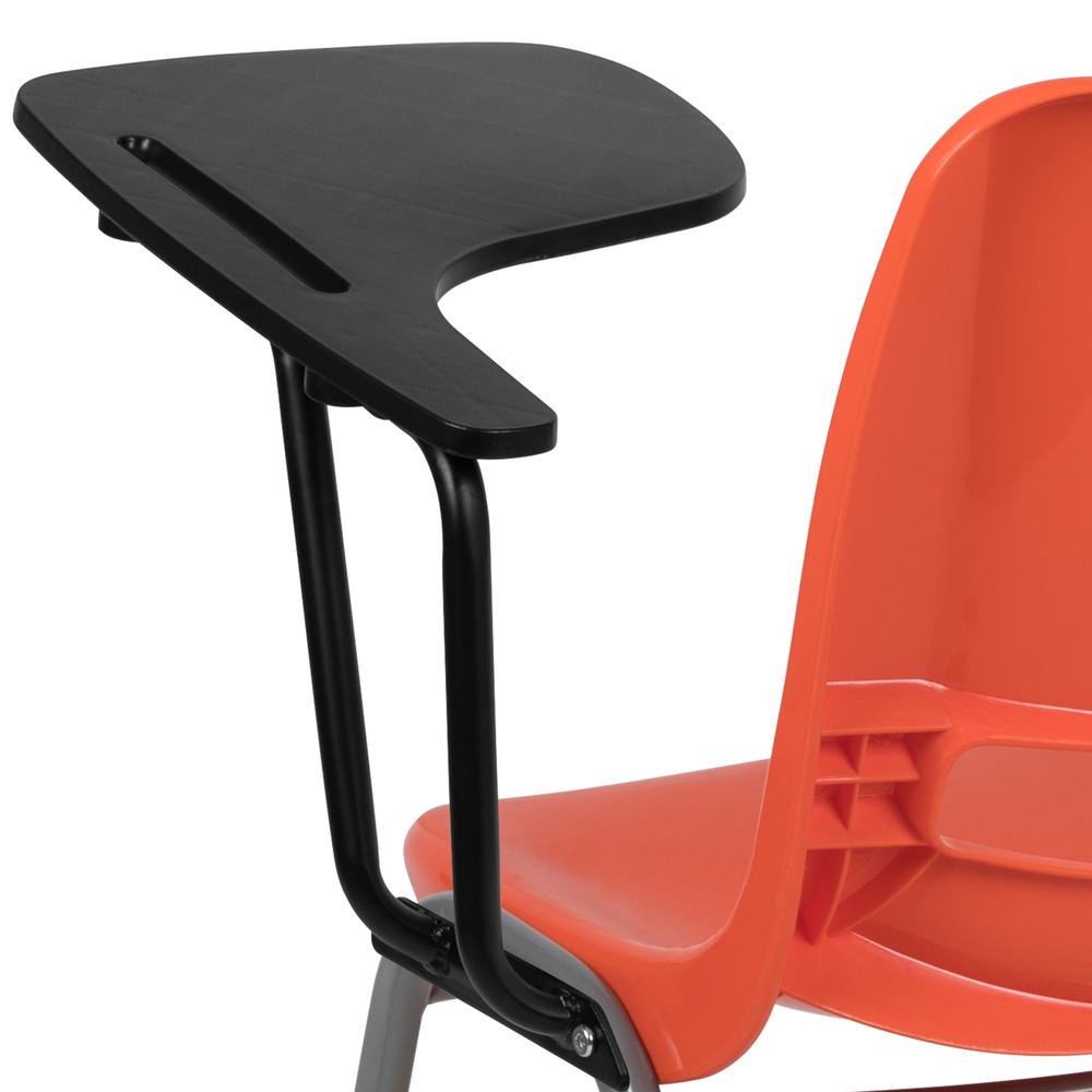 Orange Ergonomic Shell Chair with Left Handed Flip-Up Tablet Arm. Picture 8