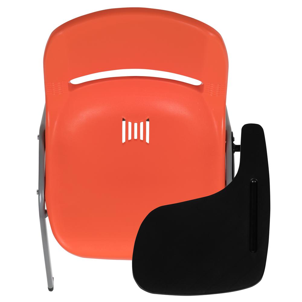 Orange Ergonomic Shell Chair with Left Handed Flip-Up Tablet Arm. Picture 9