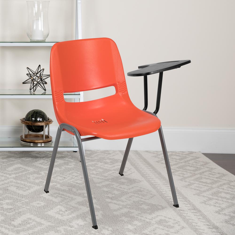 Orange Ergonomic Shell Chair with Left Handed Flip-Up Tablet Arm. Picture 11
