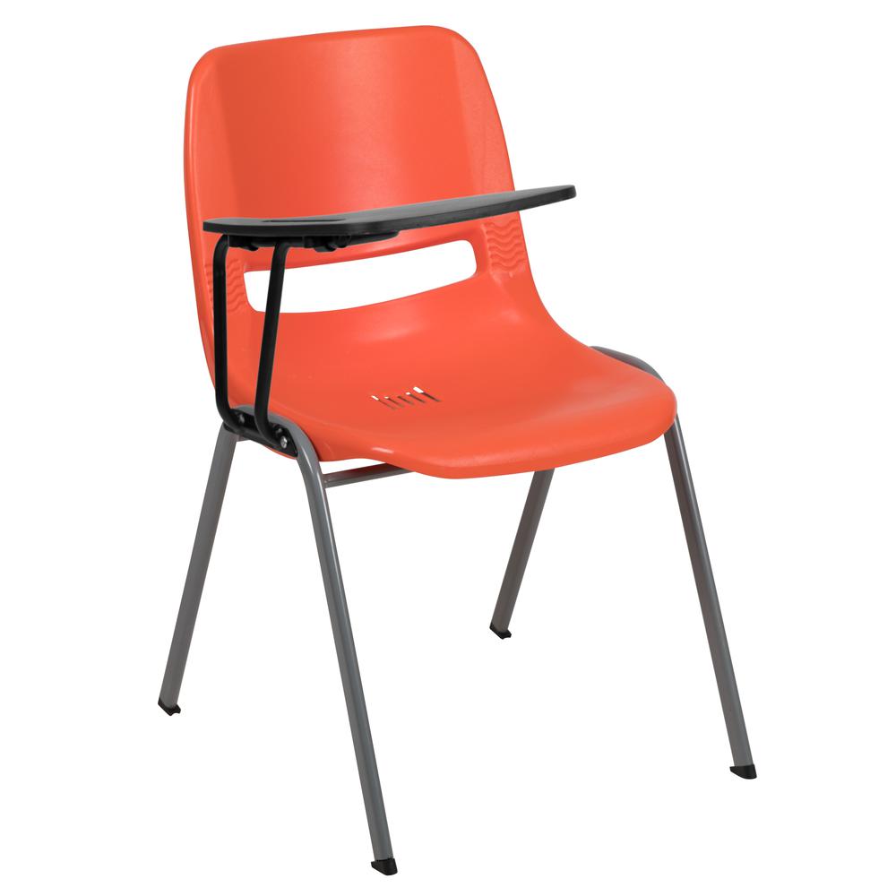 Orange Ergonomic Shell Chair with Right Handed Flip-Up Tablet Arm. Picture 1