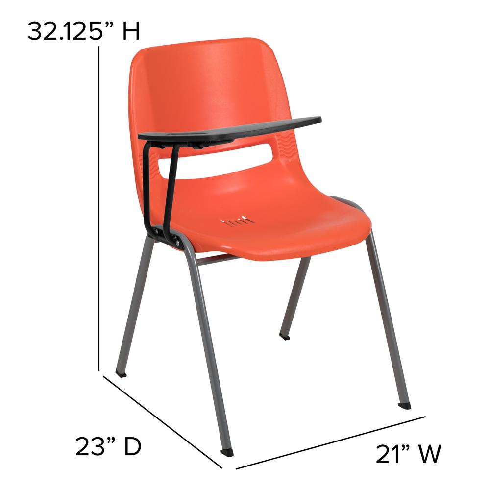 Orange Ergonomic Shell Chair with Right Handed Flip-Up Tablet Arm. Picture 4