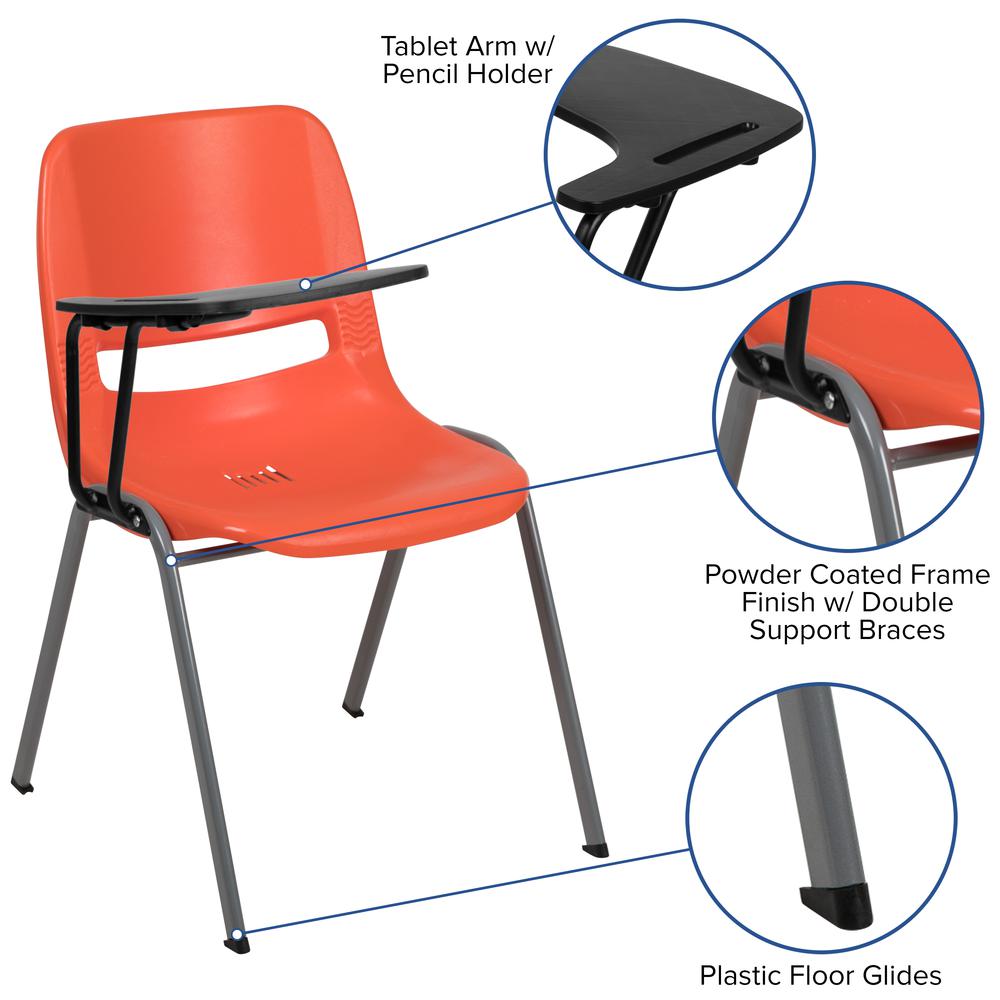 Orange Ergonomic Shell Chair with Right Handed Flip-Up Tablet Arm. Picture 2
