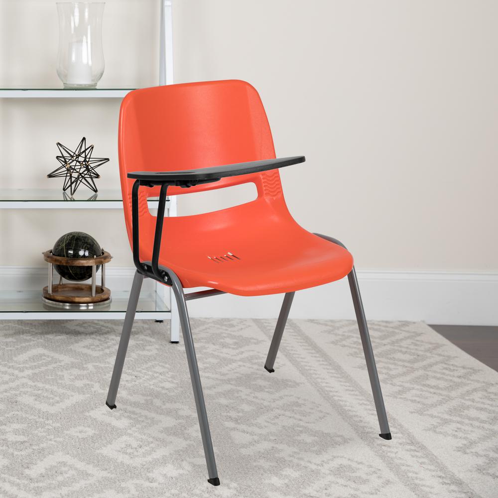 Orange Ergonomic Shell Chair with Right Handed Flip-Up Tablet Arm. Picture 3
