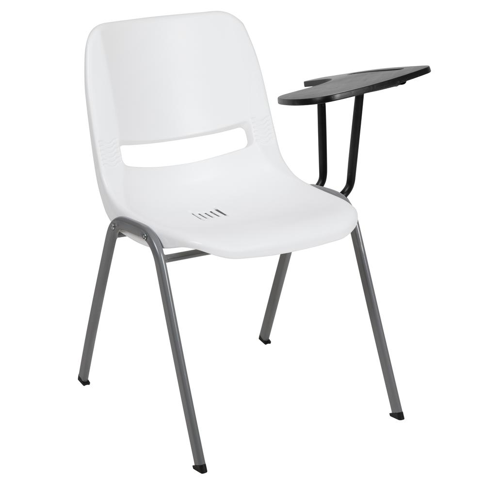 White Ergonomic Shell Chair with Left Handed Flip-Up Tablet Arm. Picture 1