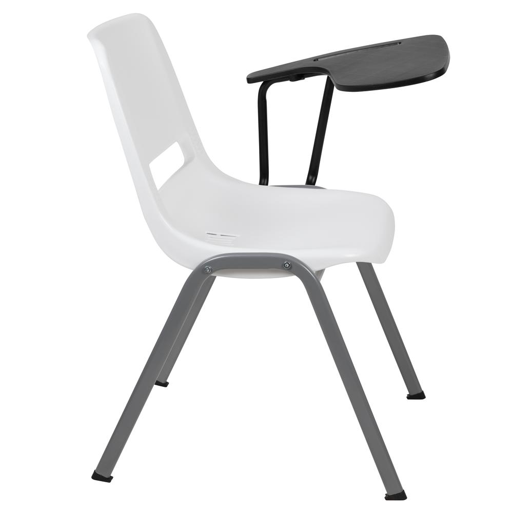 White Ergonomic Shell Chair with Left Handed Flip-Up Tablet Arm. Picture 3