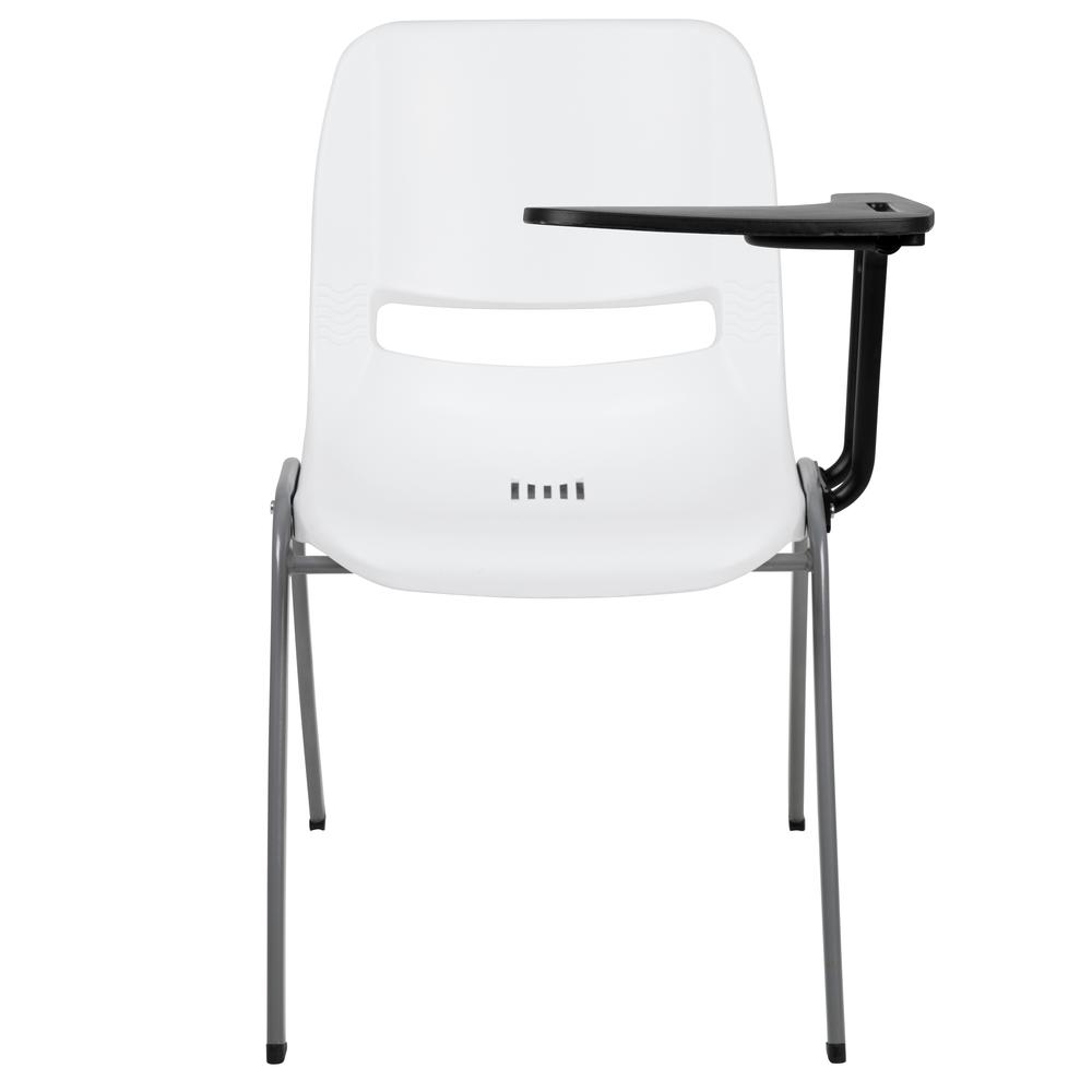White Ergonomic Shell Chair with Left Handed Flip-Up Tablet Arm. Picture 5