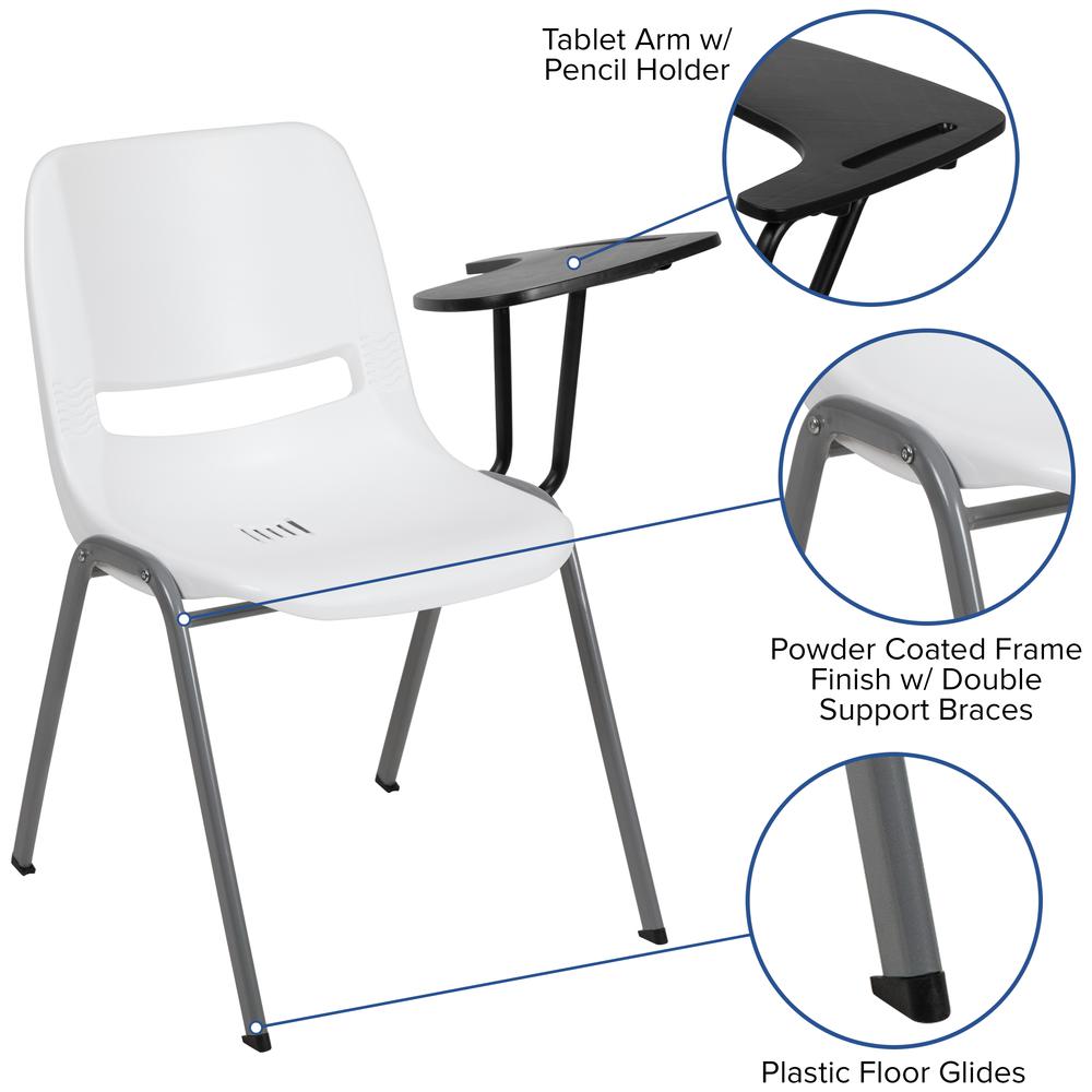 White Ergonomic Shell Chair with Left Handed Flip-Up Tablet Arm. Picture 6