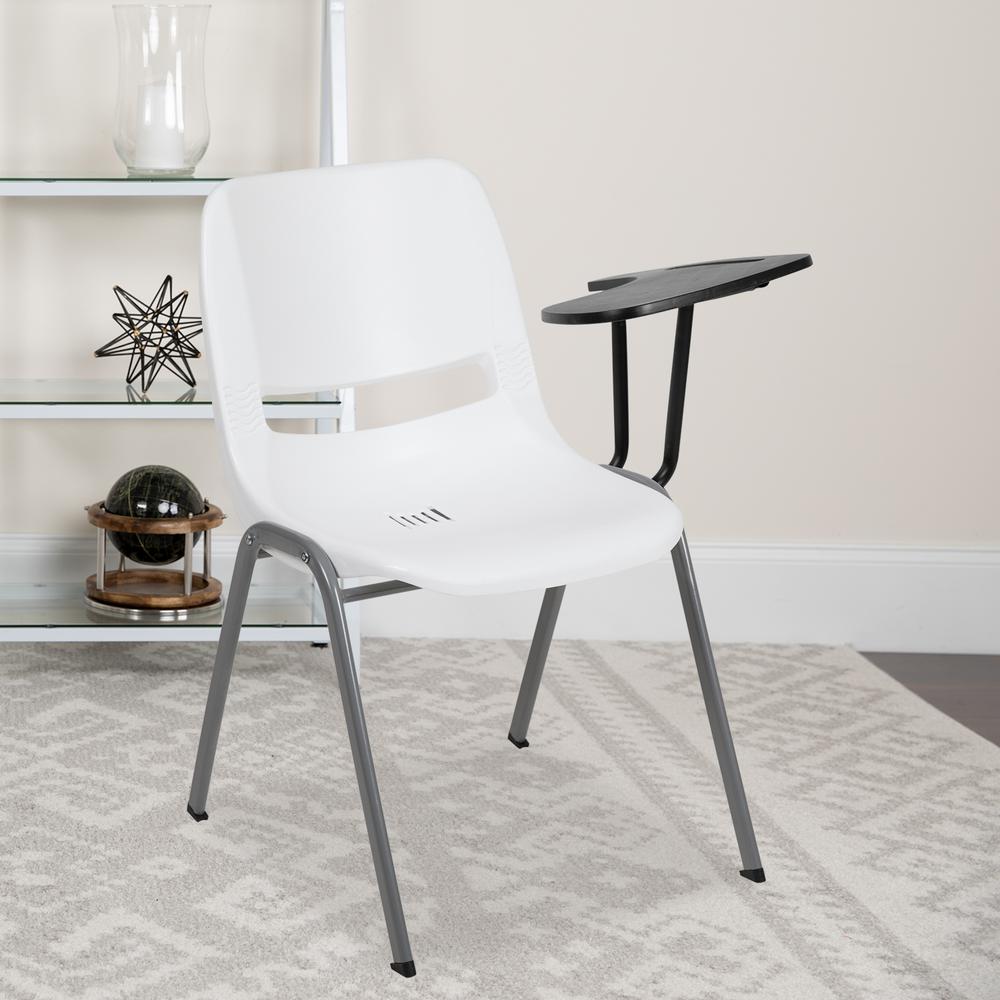 White Ergonomic Shell Chair with Left Handed Flip-Up Tablet Arm. Picture 11