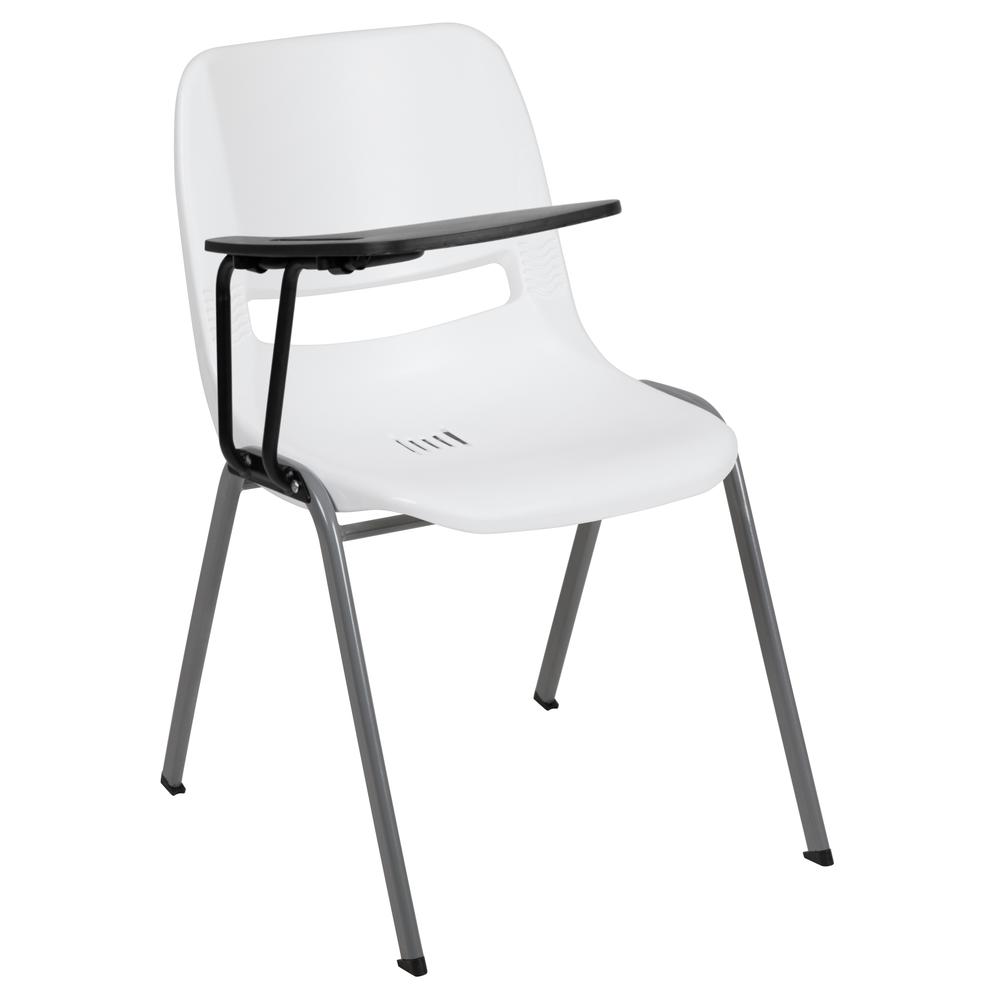 White Ergonomic Shell Chair with Right Handed Flip-Up Tablet Arm. Picture 1