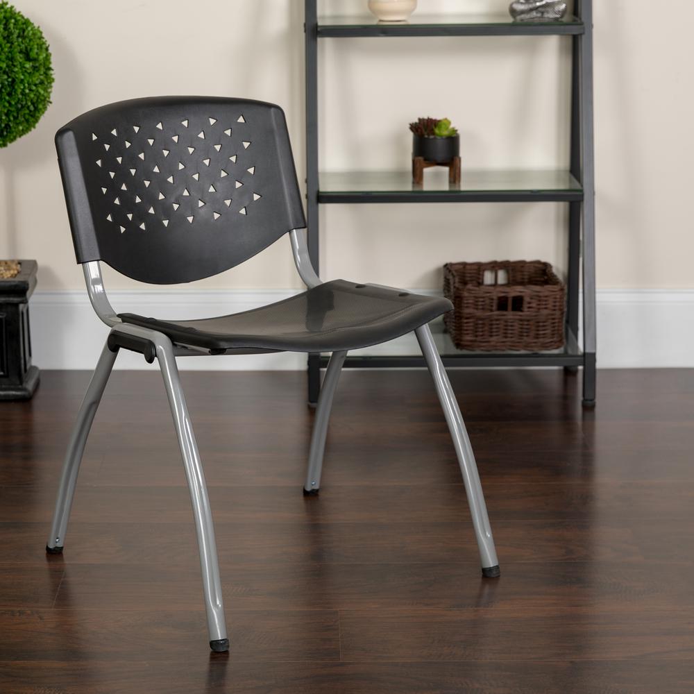 880 lb. Capacity Black Plastic Stack Chair with Titanium Gray Powder Coated Frame. Picture 9